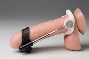 The extender mechanically stretches the penis and thus enlarges it